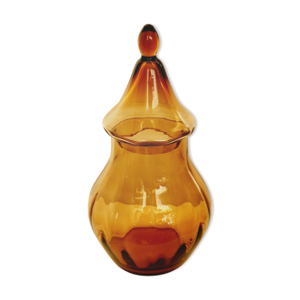 Large candy pot covered in amber blown glass