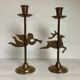 Pair of brass Christmas angel and reindeer candle holders