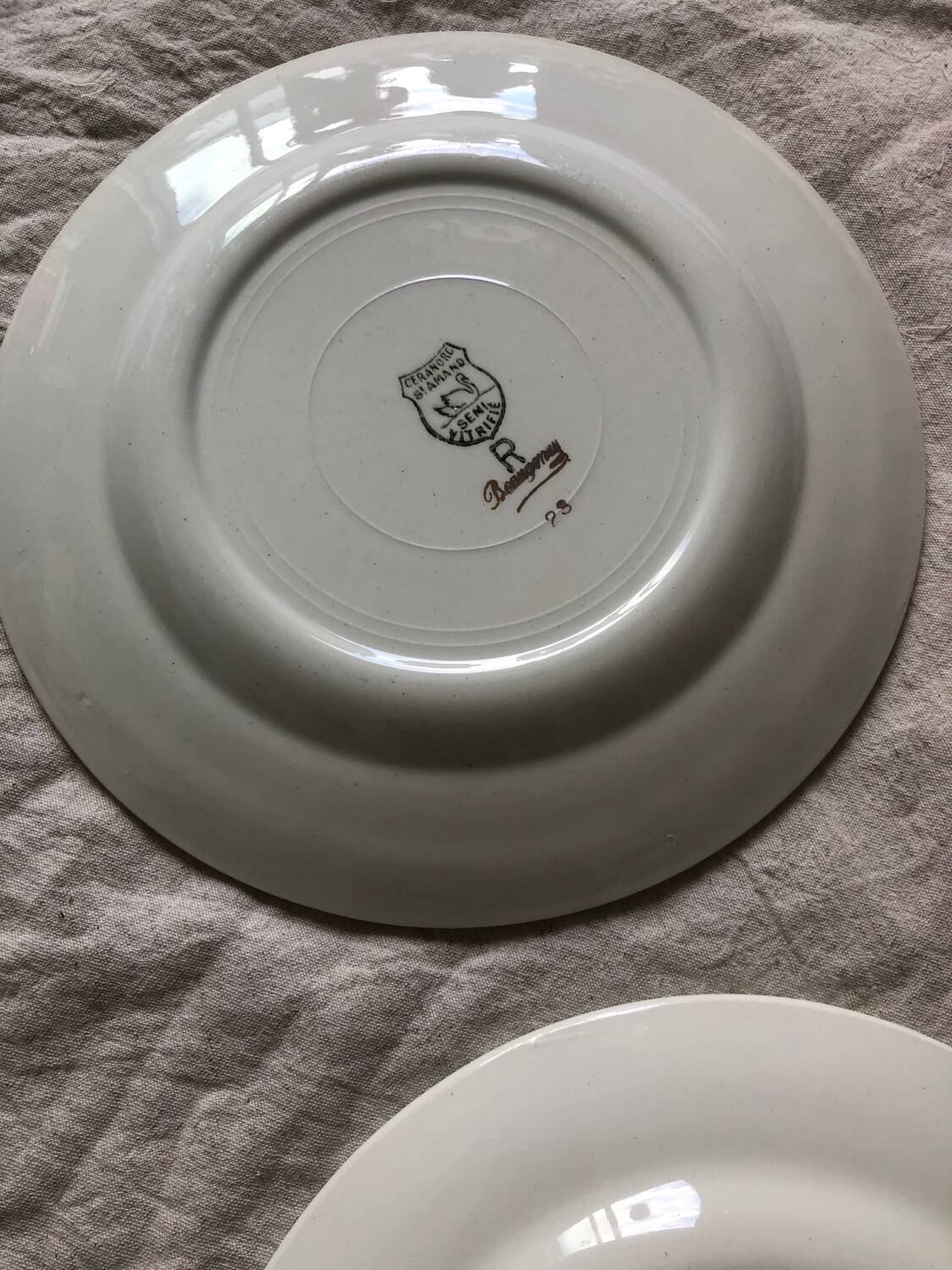 6 assiettes plates Ceranord Saint Amand Beaugency fleurs bords dorés et vert menthe