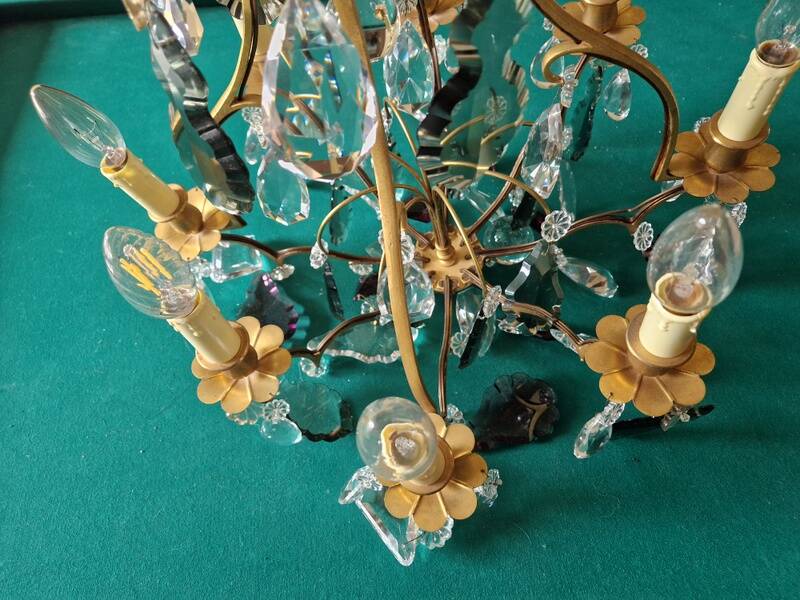 Brass cage chandelier and crystal pendants with 8 lights and 79 pendants