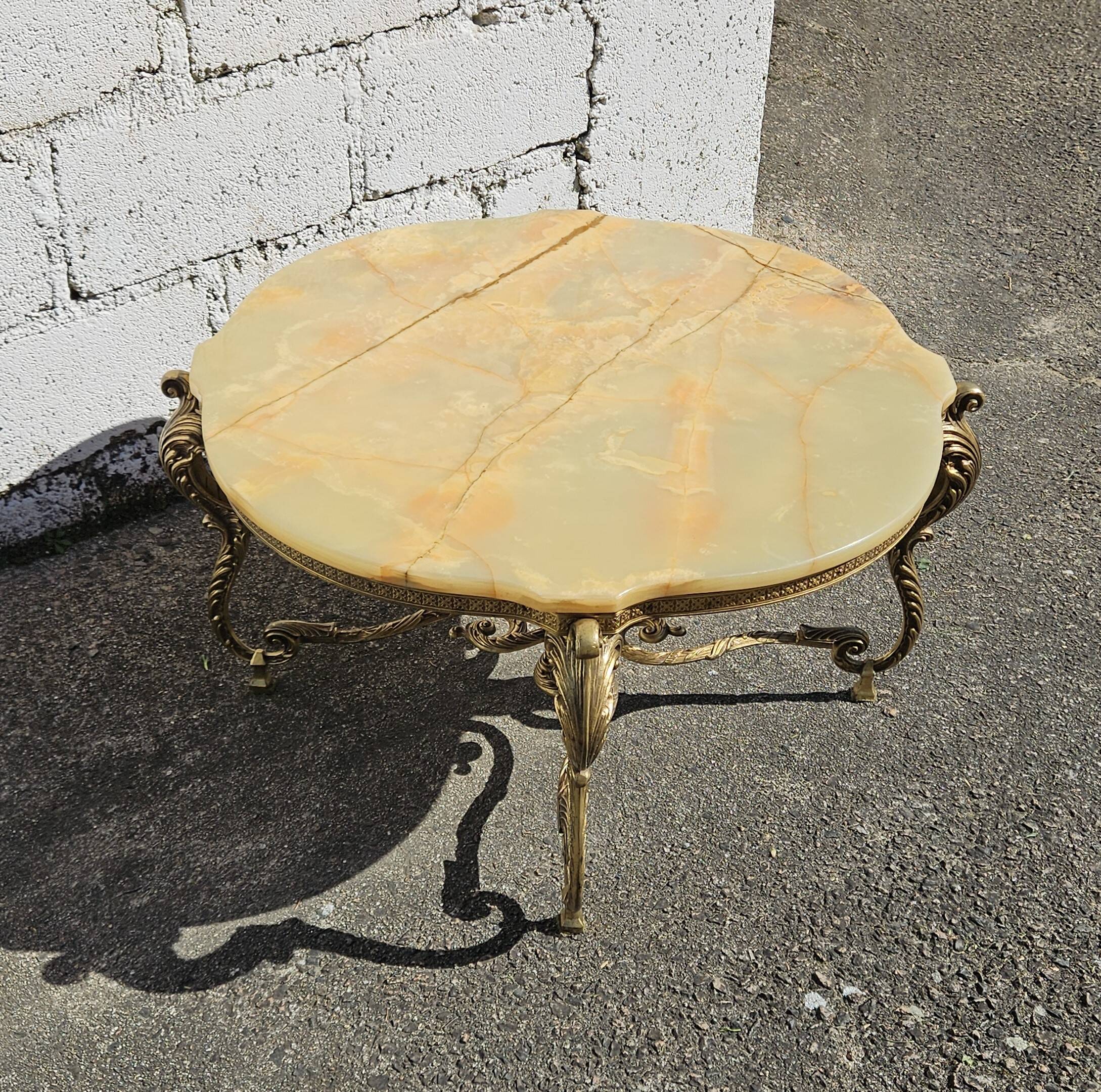 French Vintage Onyx Marble Bronze Coffee Table Style Louis XV 60s