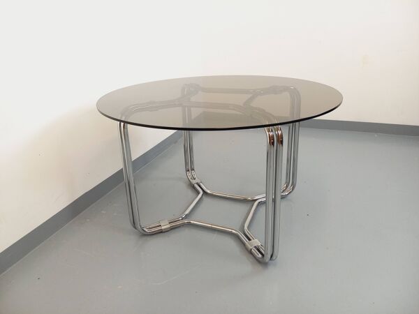 Table ronde de repas vintage en verre fumé et métal chromé