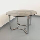 Vintage round dining table in smoked glass and chrome metal