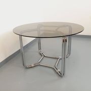 Vintage round dining table in smoked glass and chrome metal