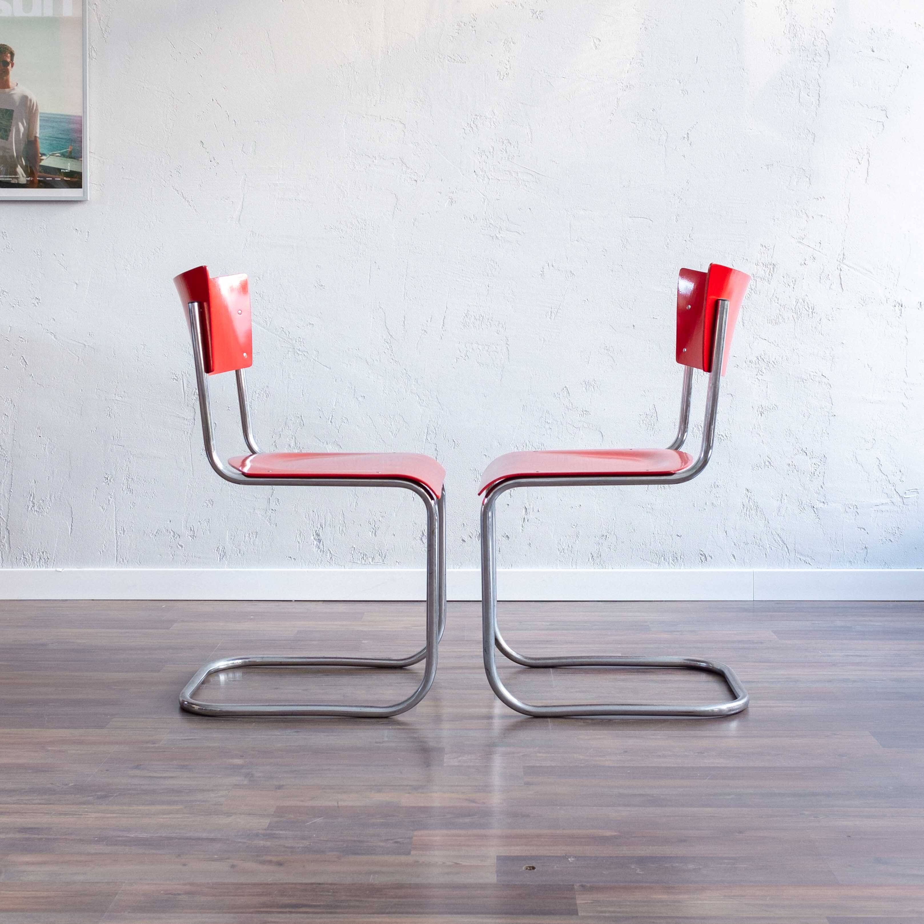 Functionalist Bauhaus Style Red Dining Chairs By Kovona, 1940s