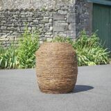 Very large old basket, burgundy straw and bramble, woven basket