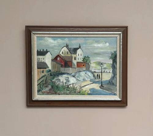 Swedish Oil on Canvas “Houses on Mountain” by Olof H Vintage & Framed 49×39cm