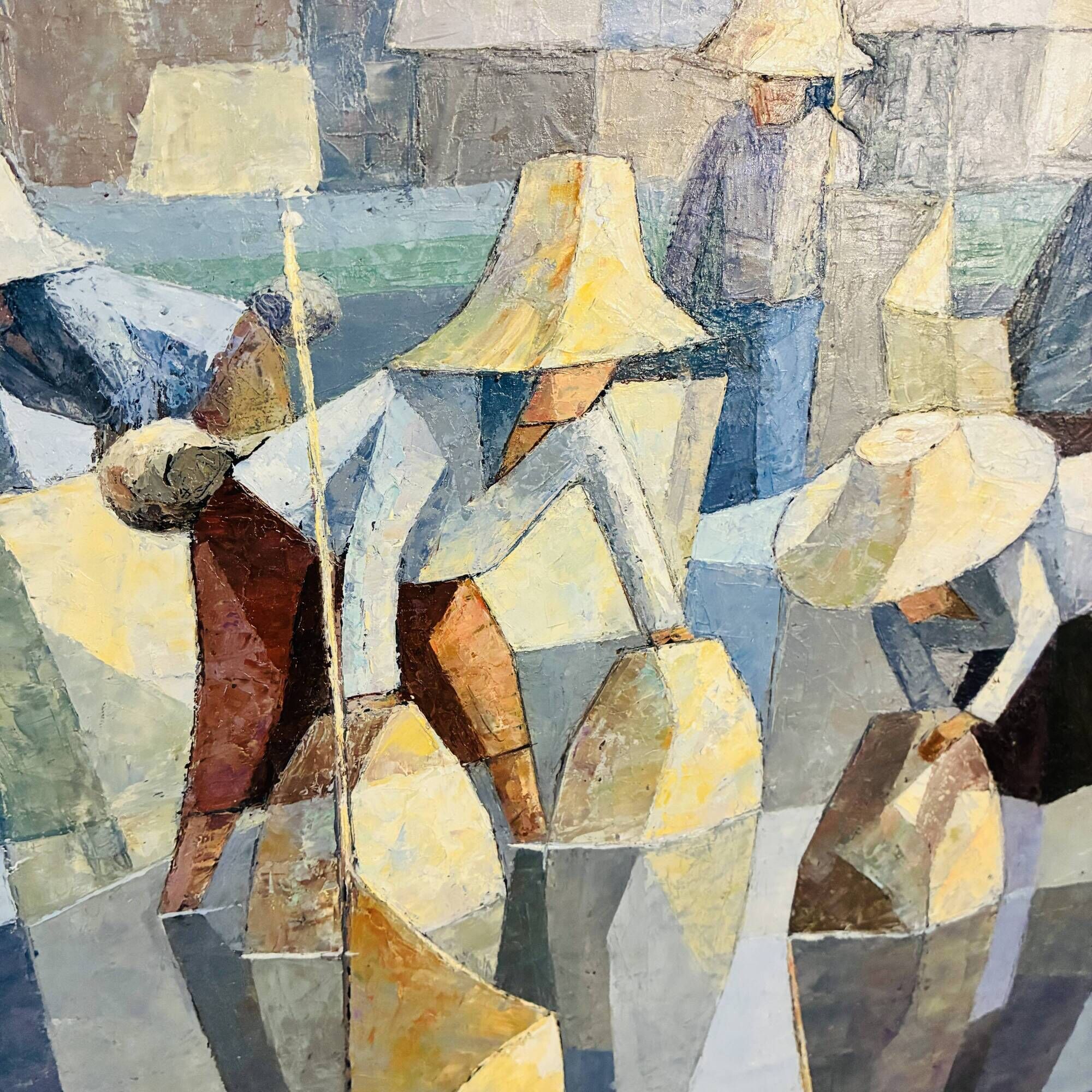 Cubist Oil on Canvas Tableau Rural Scene Asia Saard Thanomwong Signed
