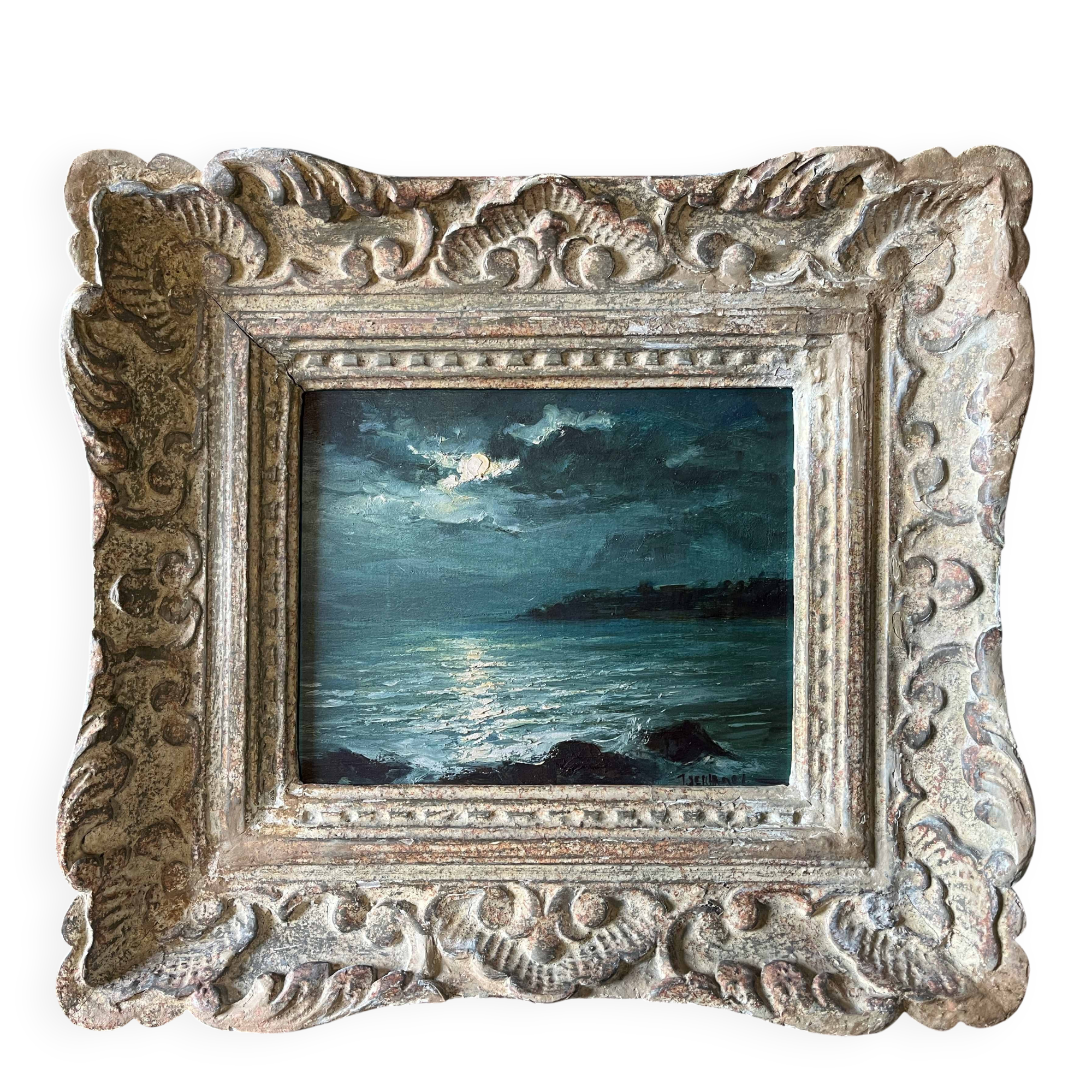 Tableau HSP "clair de lune" Marine signée + cadre (éc. début XX°)