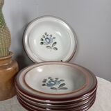 Soup plates, beige stoneware with gray/blue flower by MBFA Pornic model Fanchon, set of 6