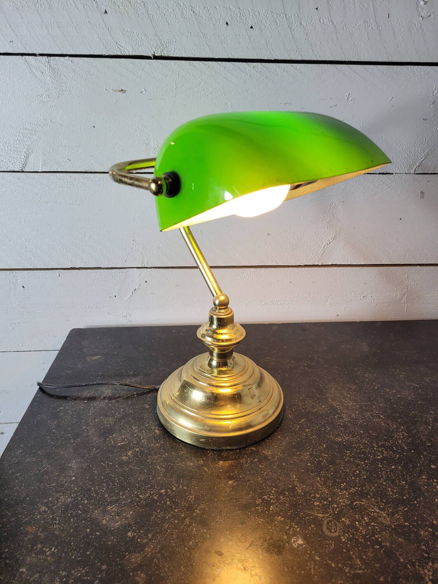 Vintage brass desk lamp with glass shade