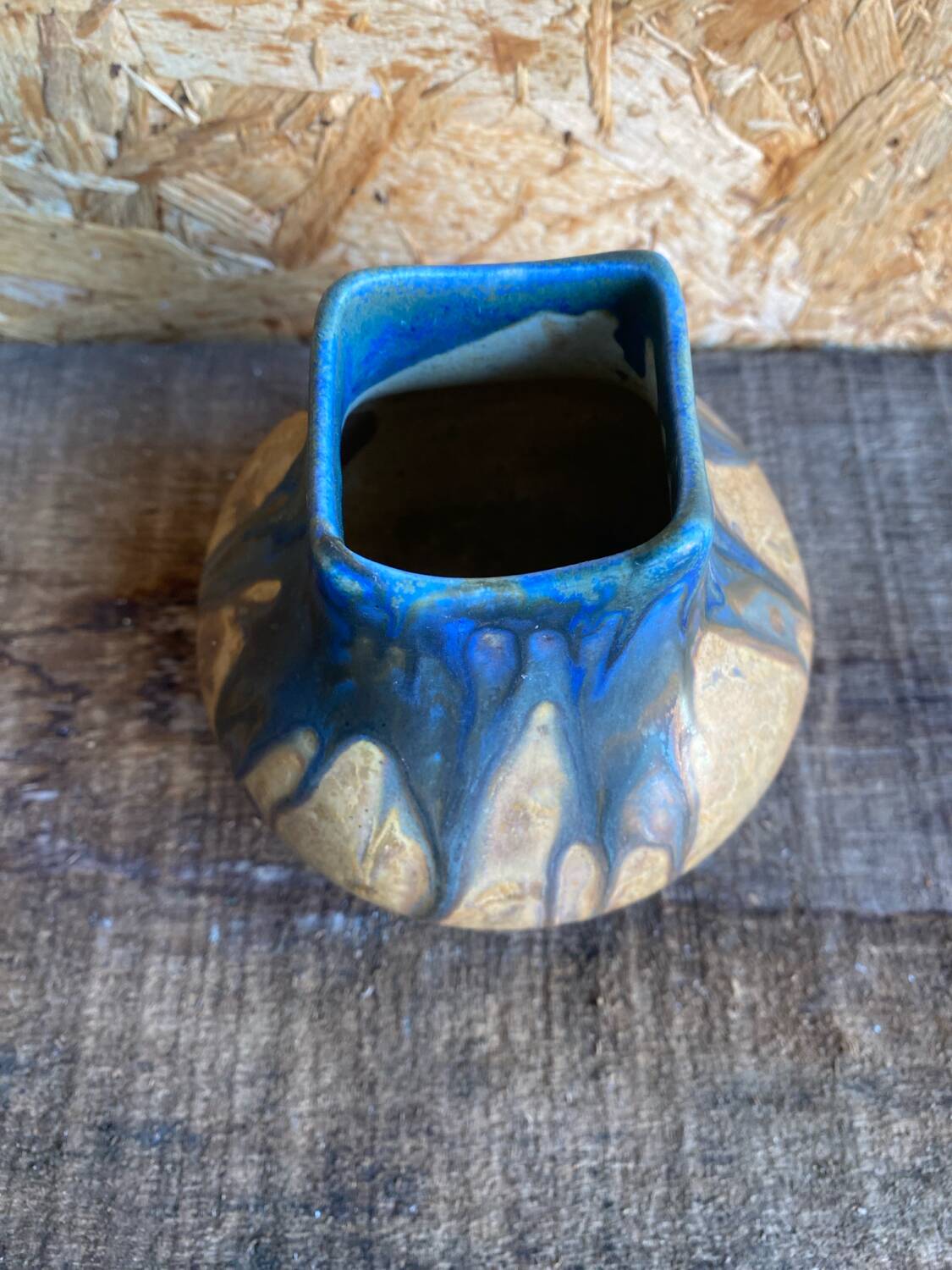 Ancient Vase GILBERT METENIER Beige Stoneware Blue Glazes Vallauris Vintage