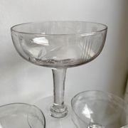 Set of 6 depicted Art Deco engraved crystal champagne glasses mismatched 50s