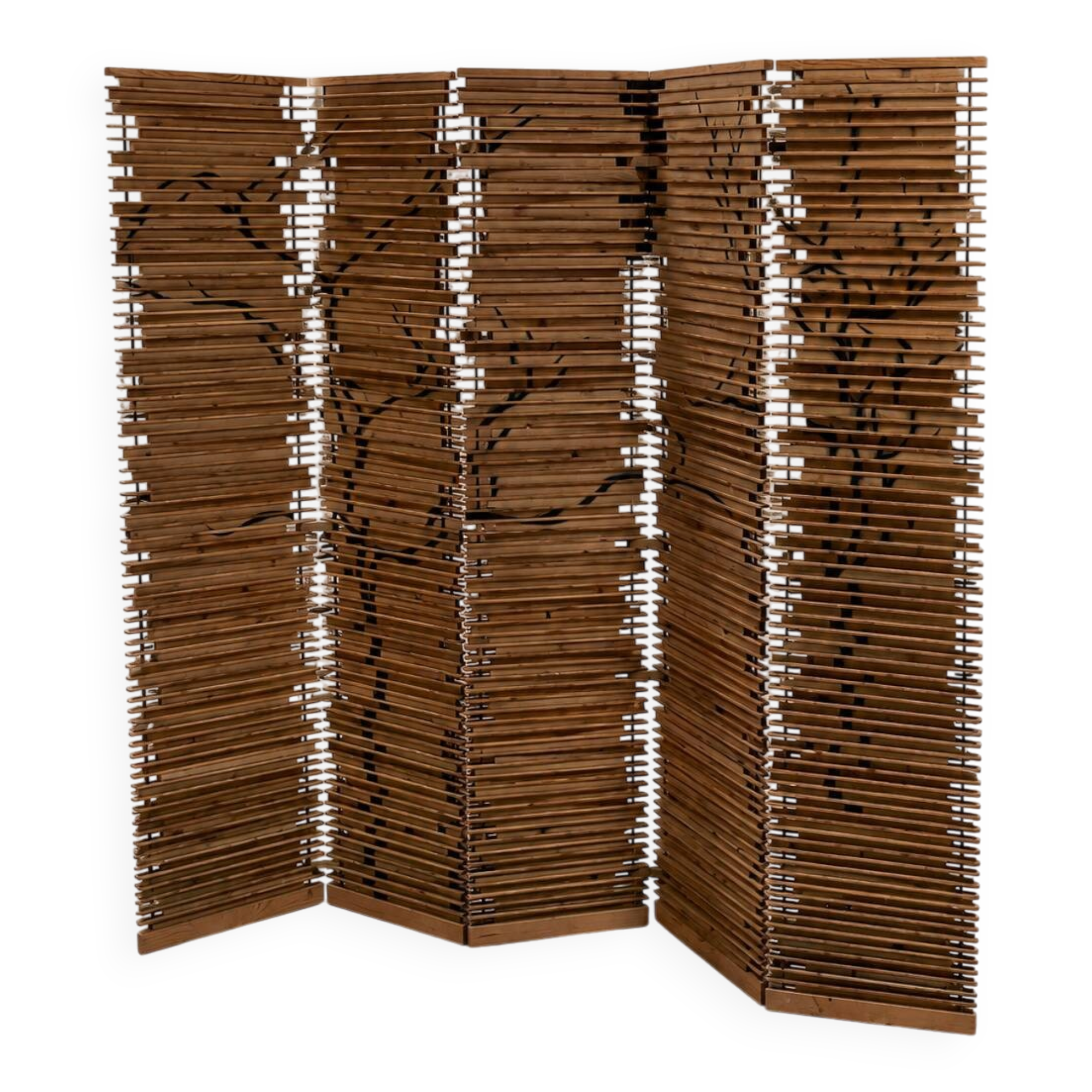 Wooden screen with slats, black plant decoration.