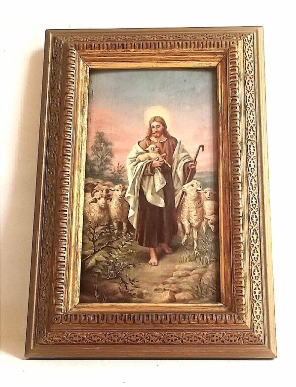 Peinture Huile sur bois Le Christ Bon Berger Fin 19e