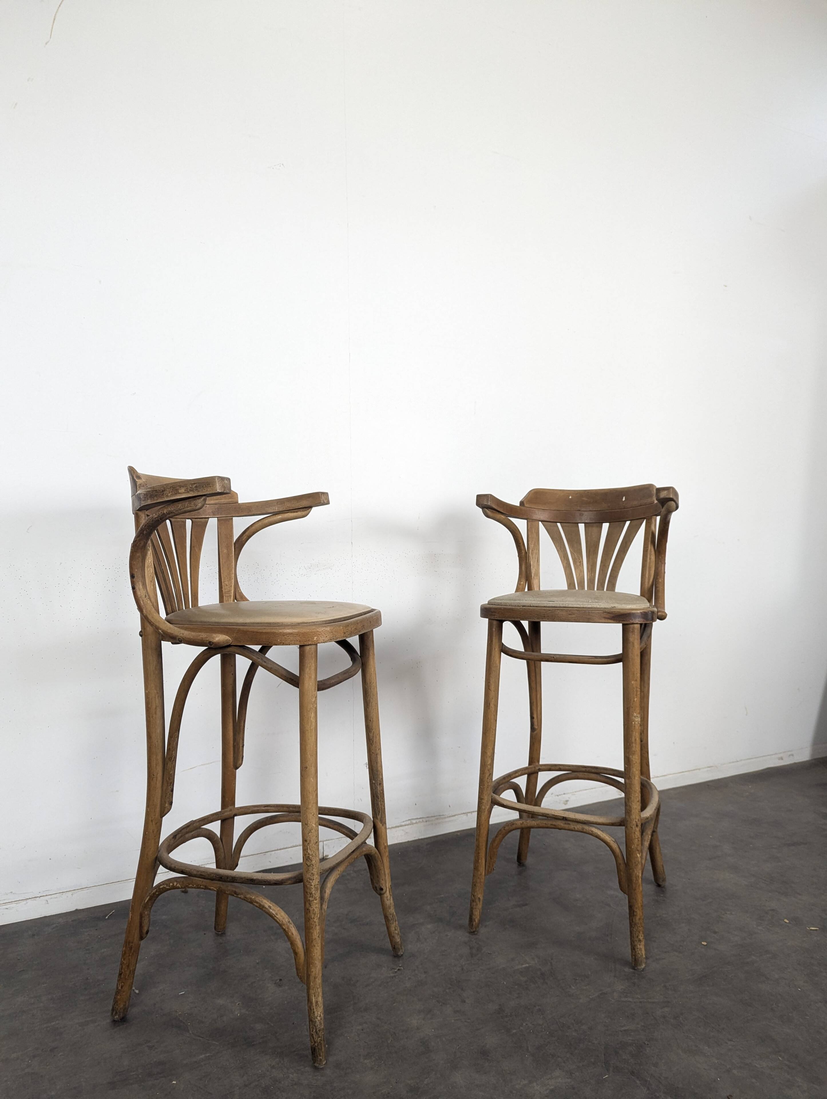 Pair of curved wooden bistro bar stools