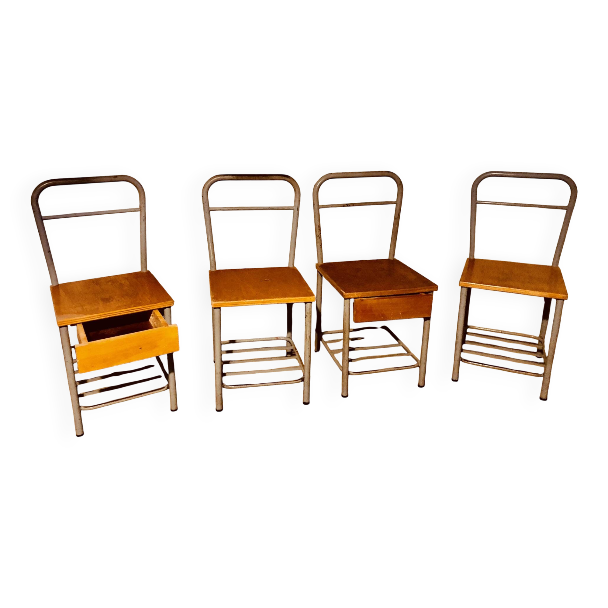 4 "Diana n° 325" designer chairs, 1950s boarding school chairs with drawers