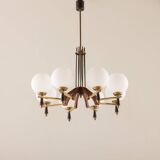Italian mid-century chandelier in brass and teak, 1960s