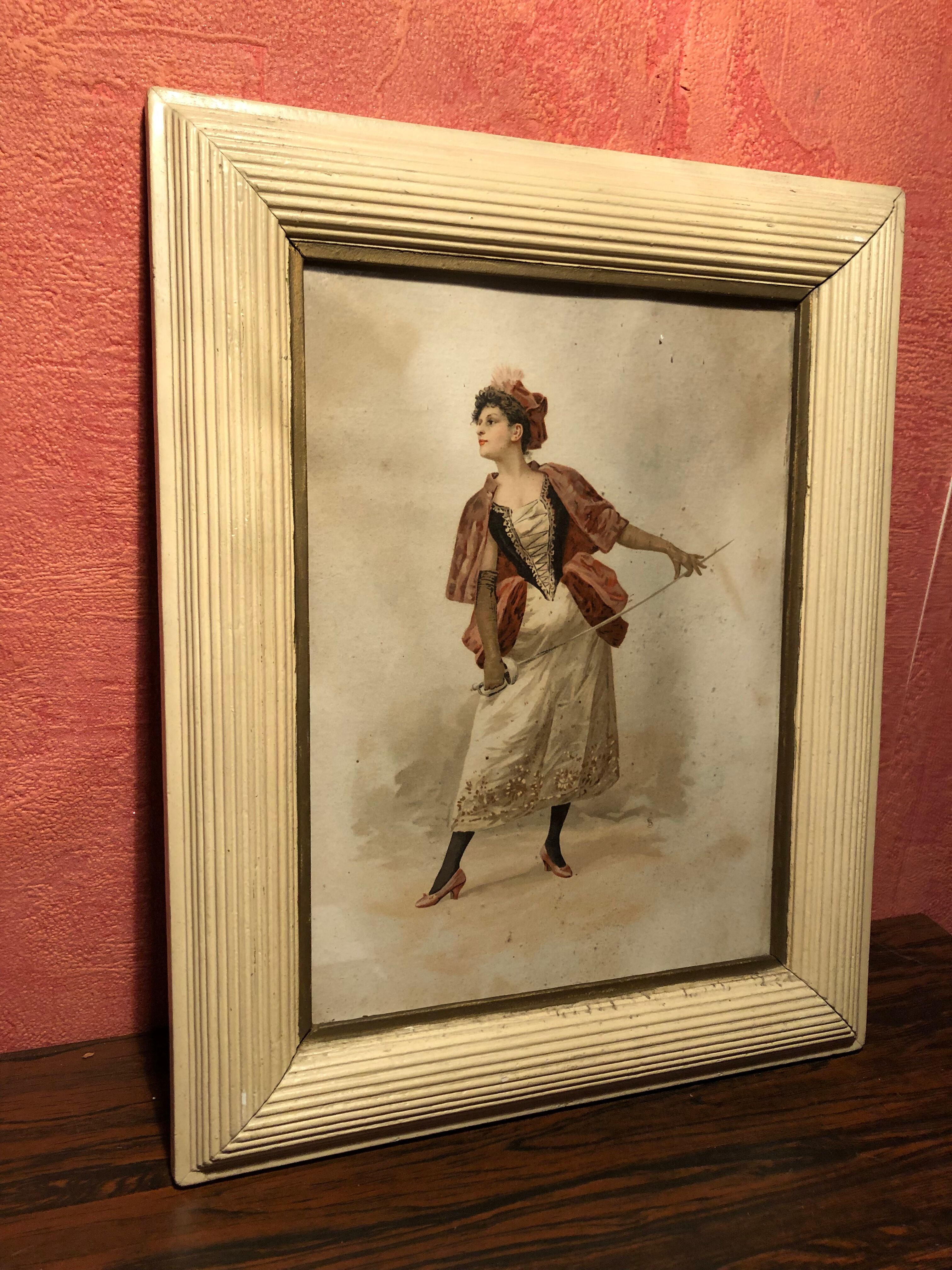 Pair Old Fashion Engraving Color + Frame Wood Vintage Cream