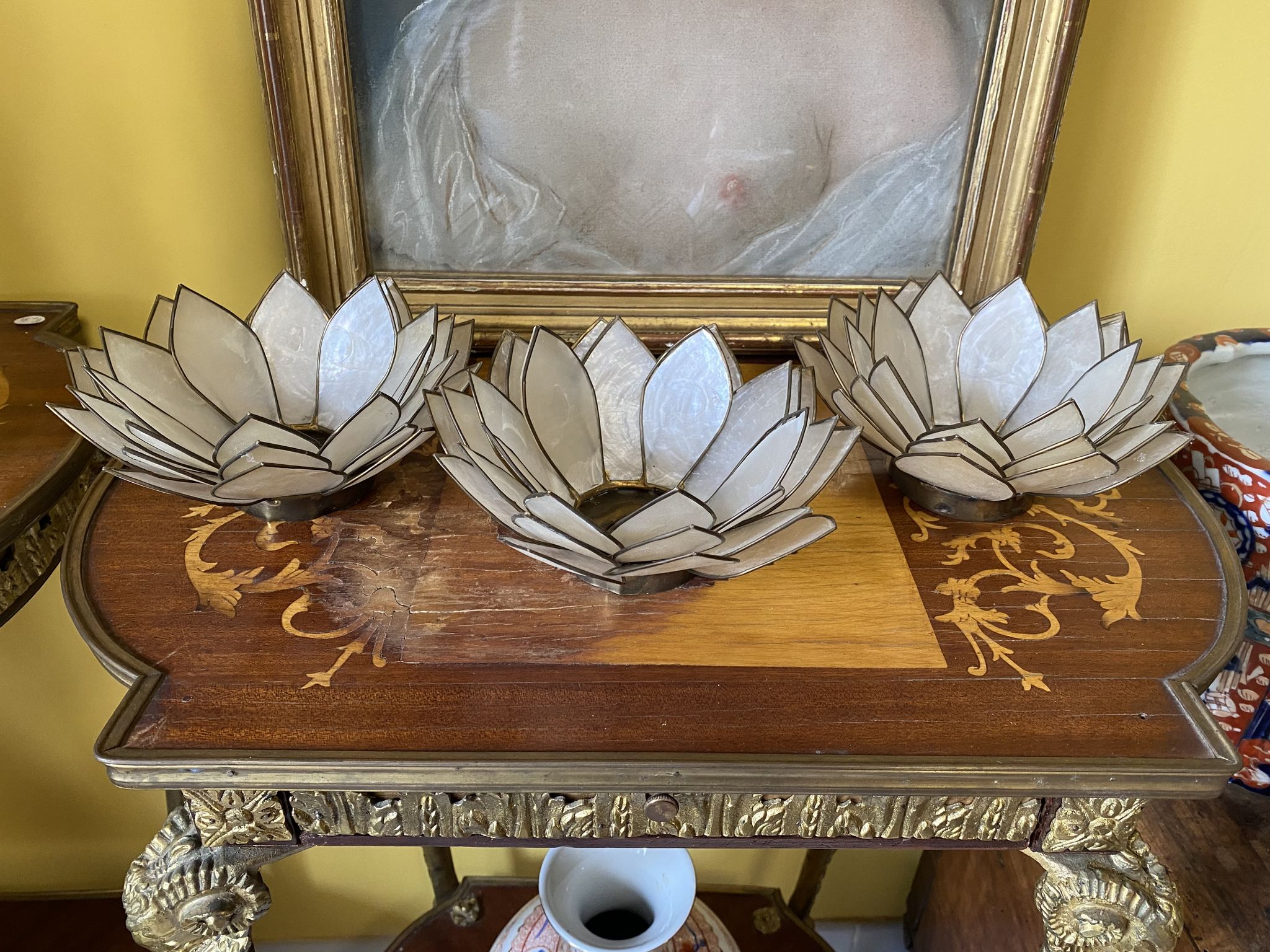 Set of vintage mother-of-pearl and brass wall lamps