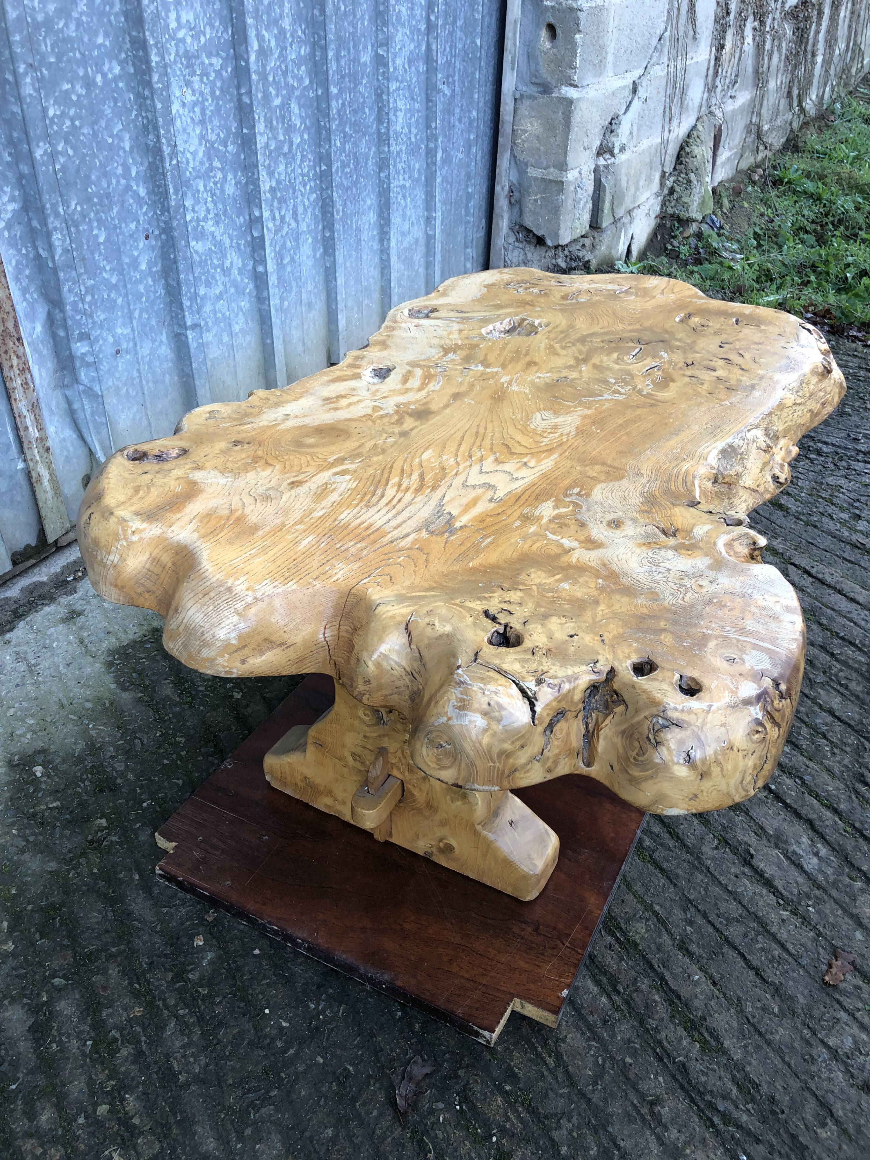 Handcrafted Brutalist coffee table in solid elm