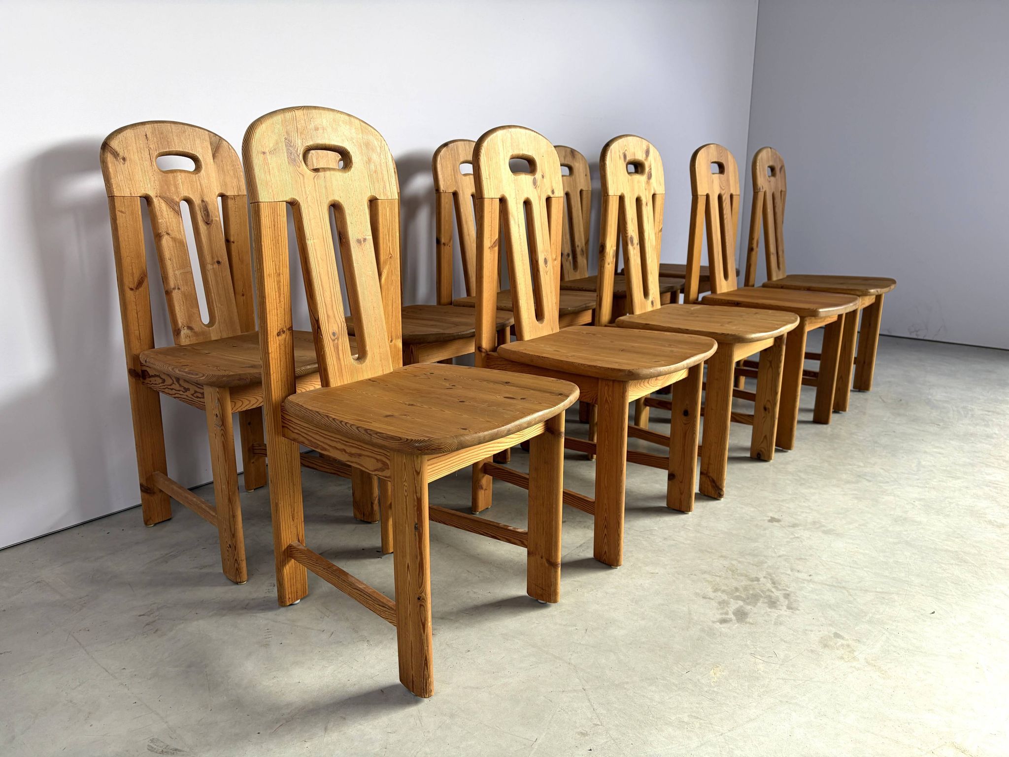 Set of 10 pine wood dining chairs by Effezeta Italy, 1970s