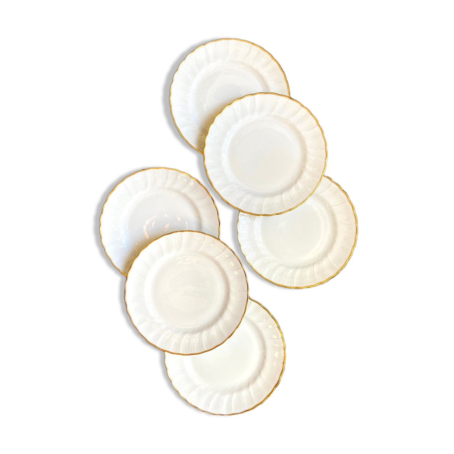 6 flat plates in white and golden Limoges porcelain, Verlaine service