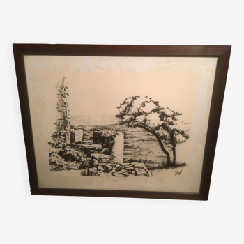 Illustration/signed paper print, framed, 60s/70s