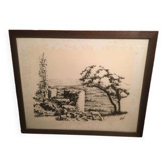 Illustration/signed paper print, framed, 60s/70s