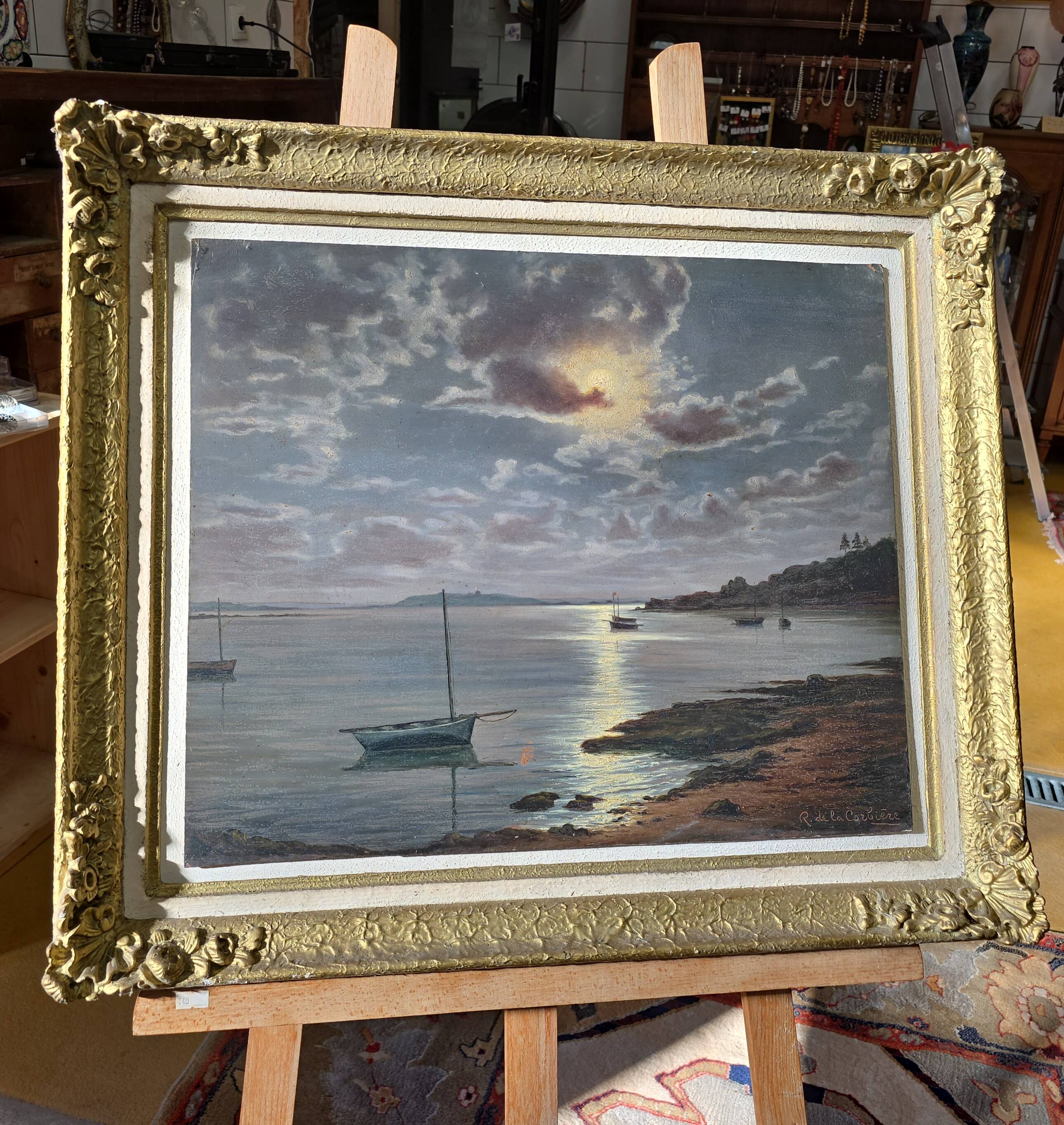 Old painting signed Roger de la Corbières – Seascape in the moonlight
