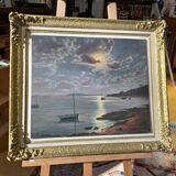 Old painting signed Roger de la Corbières – Seascape in the moonlight