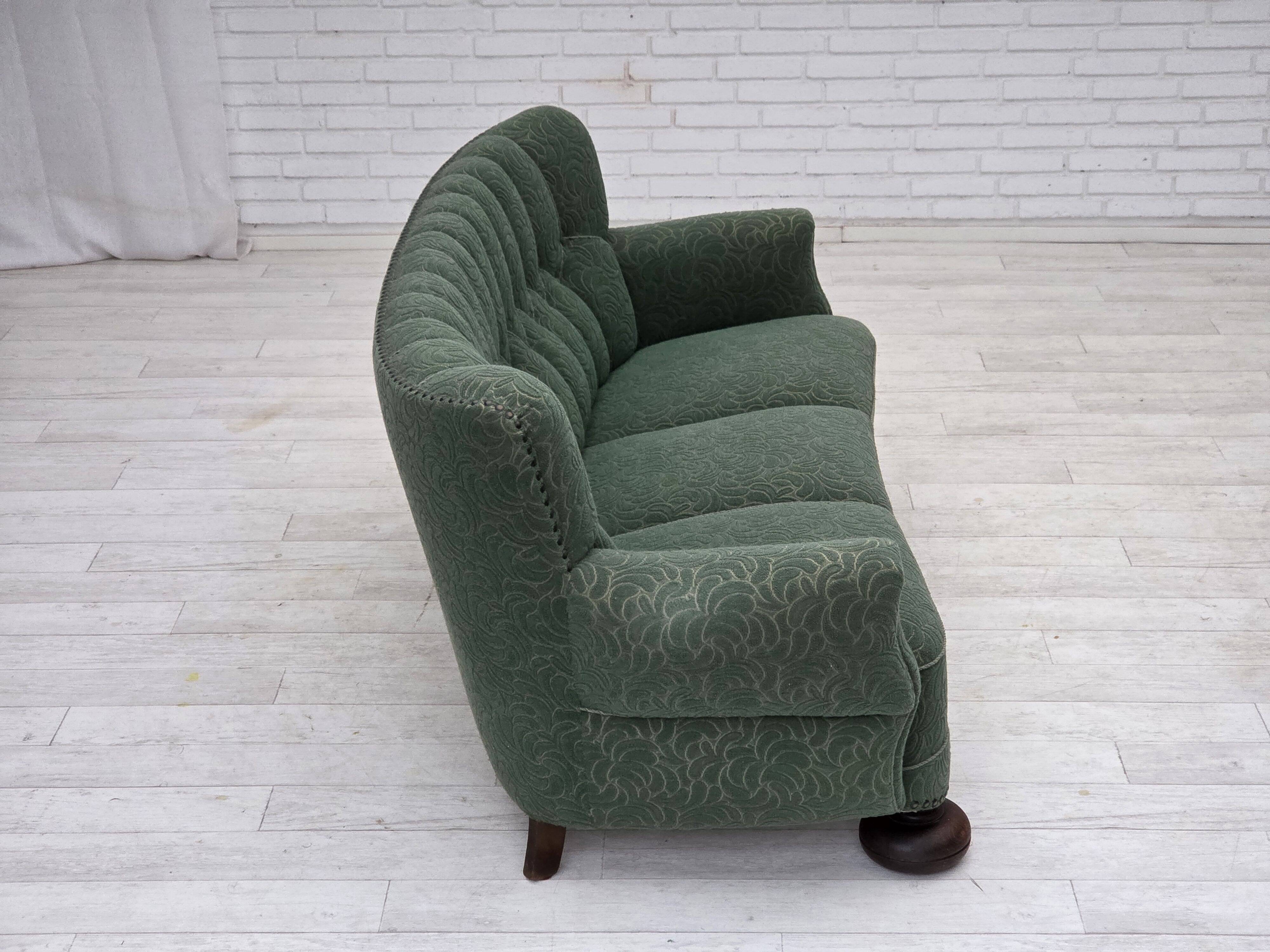 1960s, Danish 3-seater sofa, green furniture wool, oak wood.