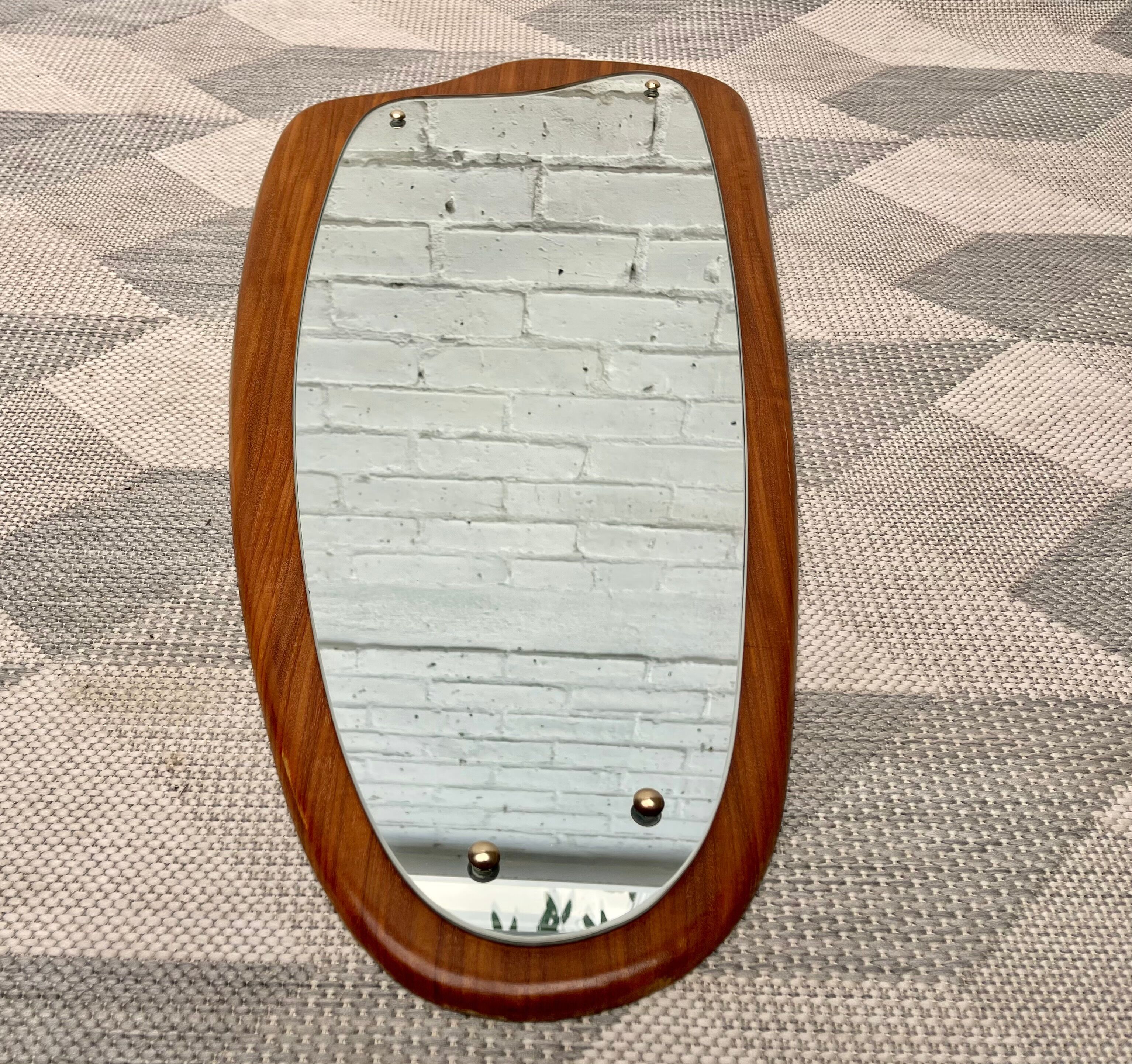 Vintage triangular wall mirror teak frame - 80x37cm