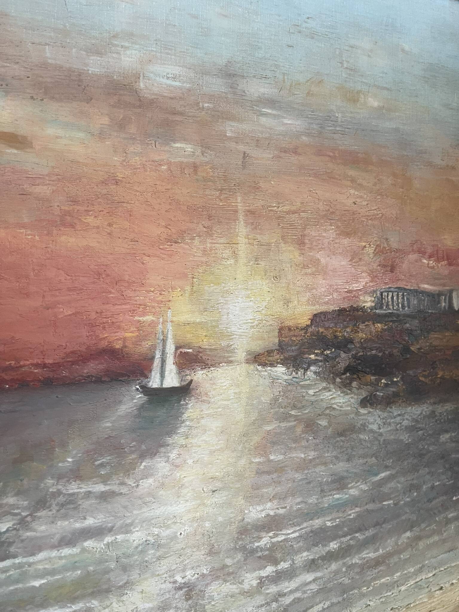 Oil Painting Canvas Sunset Boat Sea Sailboat Frame 62x