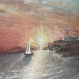 Oil Painting Canvas Sunset Boat Sea Sailboat Frame 62x