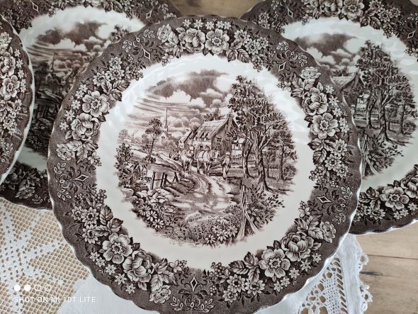 Set of 5 flat plates in English Iron Earth country decoration brown marli floral