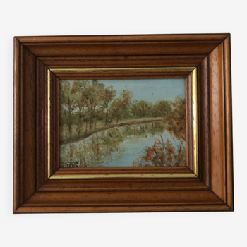 Petite peinture, cadre en bois, Vue sur le lac #1, signée, France