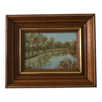 Small painting, wooden frame, View of the lake #1, signed, France