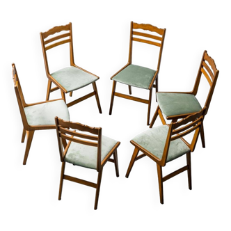 Set 6 sedie in legno velluto verde anni ’60 modernariato vintage