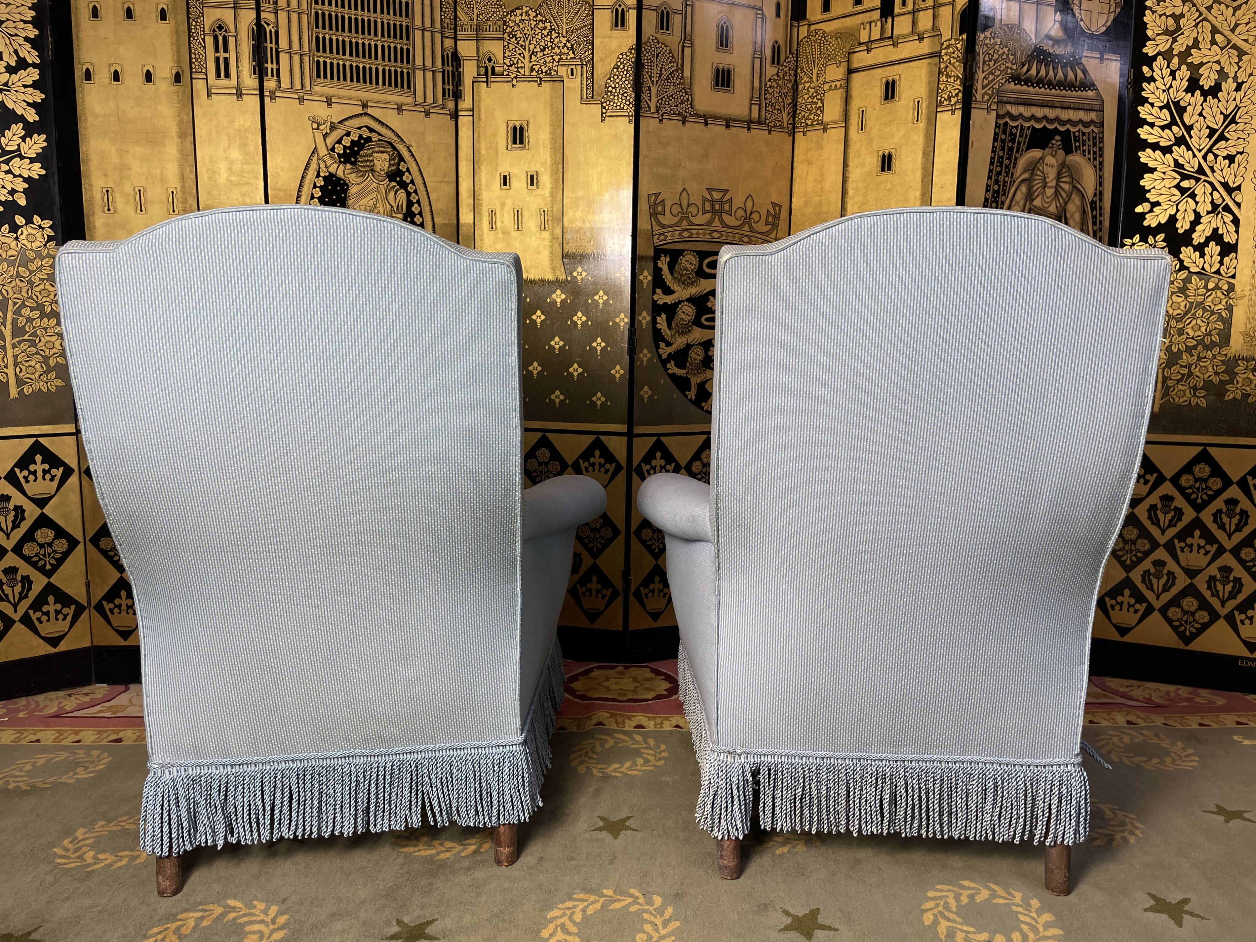 Pair of English blues shepherdess armchairs
