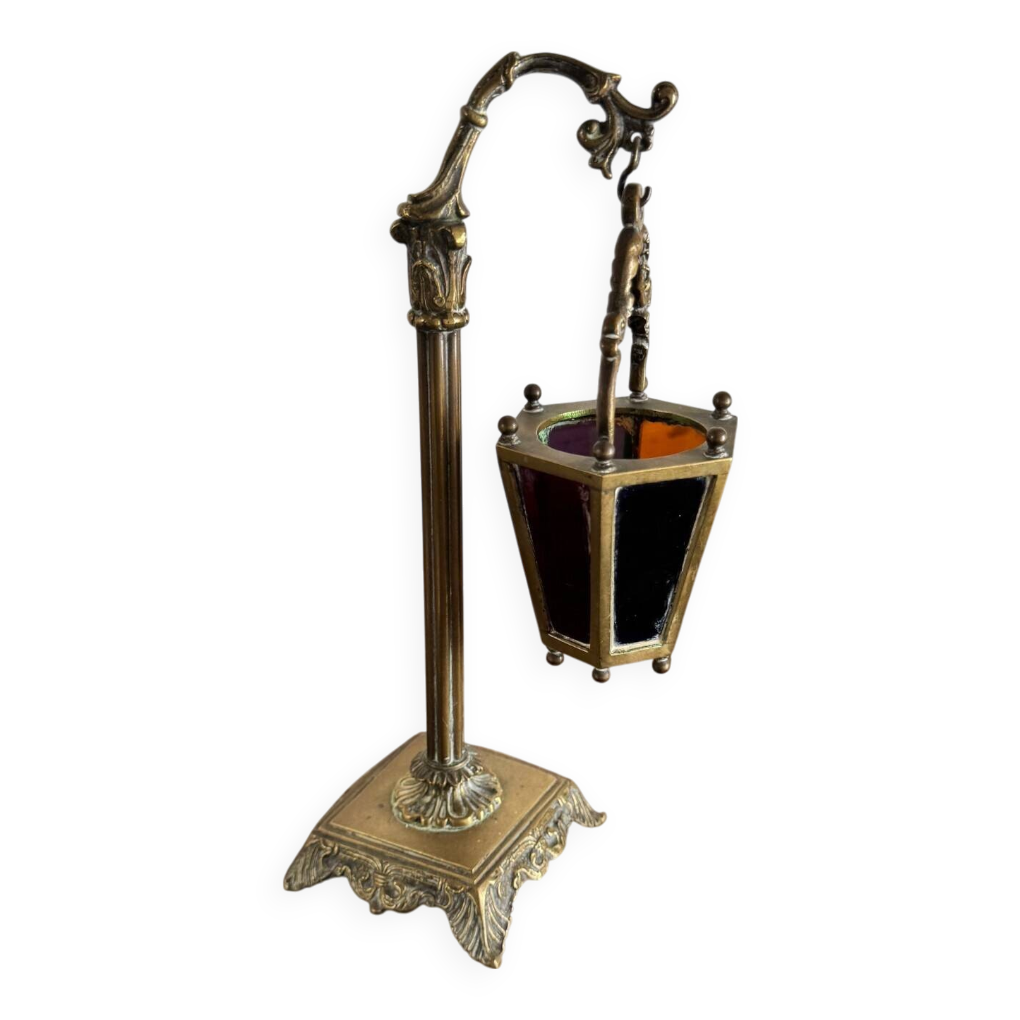 Lampe veilleuse en bronze et verres multicolores Restauration XIXe