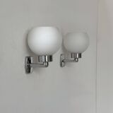 Pair of vintage wall lights, chrome and opaline glass, France, 1970