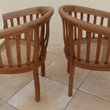 2 Colonial armchairs in natural solid wood with cane seats