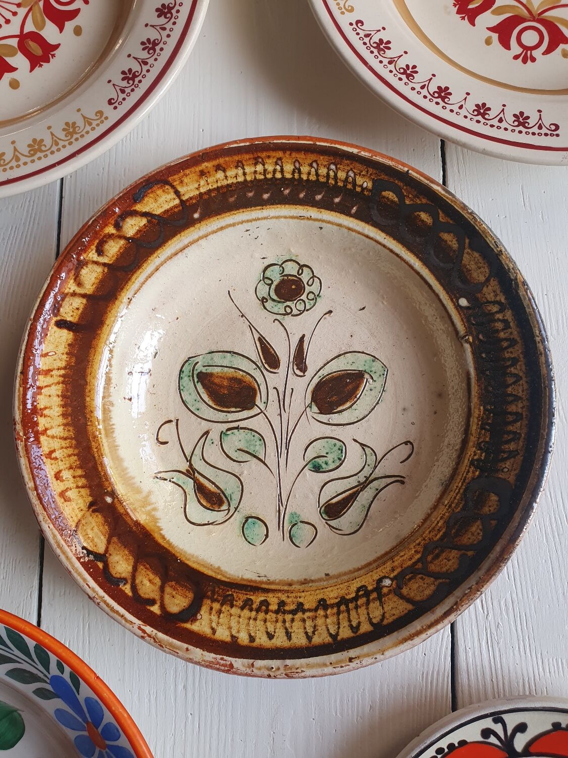 5 handmade ceramic plates Romania slavic bohemian birds table or wall