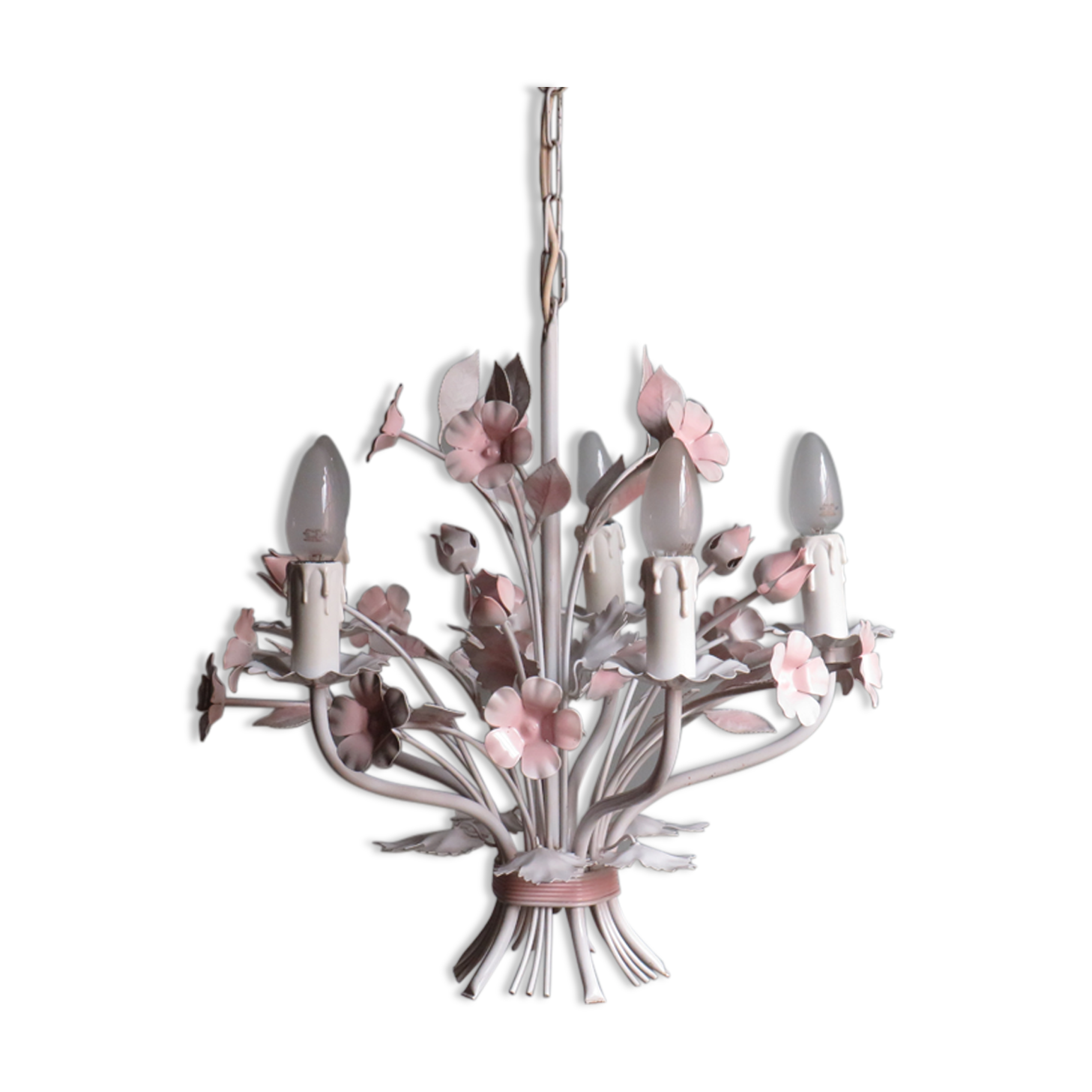 Vintage toleware chandelier with floral motifs, Italy from the 1960s.