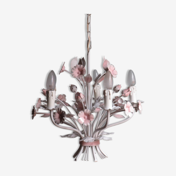 Vintage toleware chandelier with floral motifs, Italy from the 1960s.