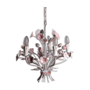 Vintage toleware chandelier with floral motifs, Italy from the 1960s.