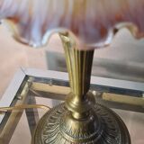 Art deco bronze lamp with pretty purple tulip, 41x15 electricity ok