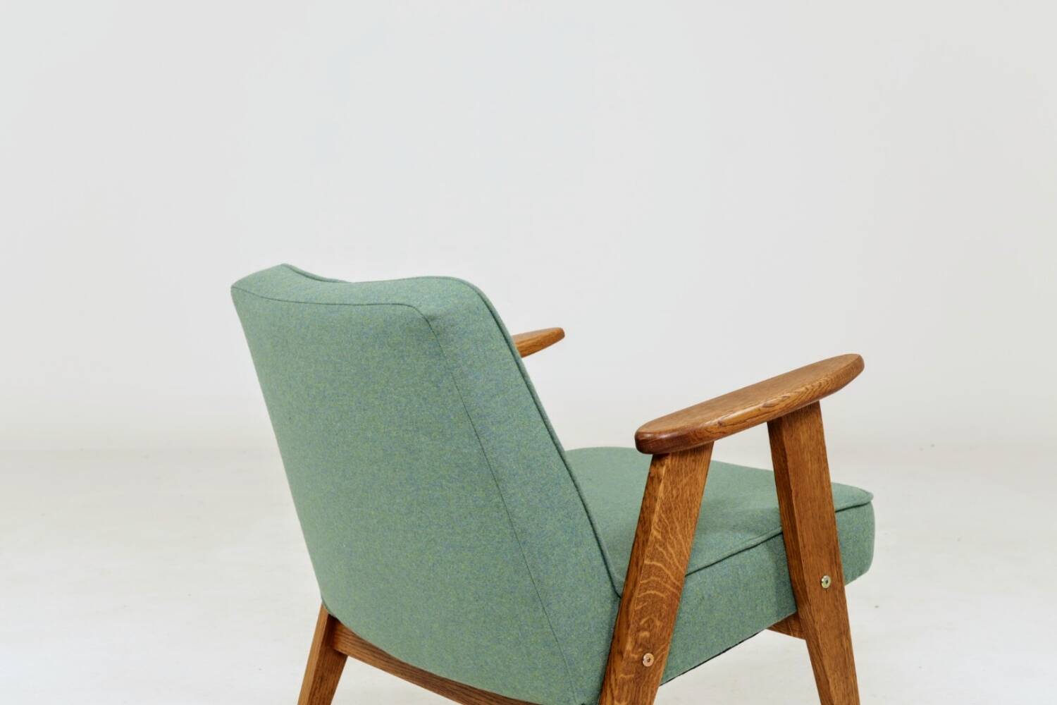 Vintage armchair 366 in solid oak, wool fabric.