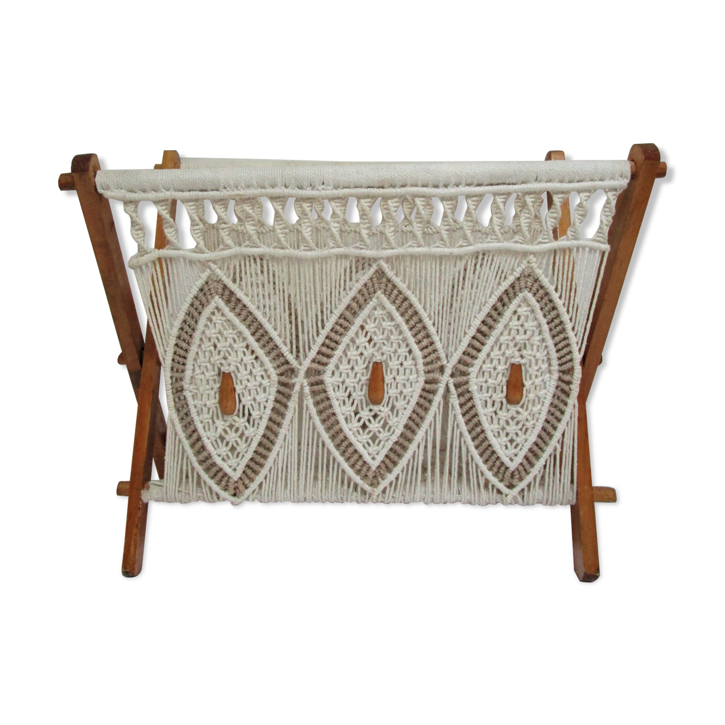 Magazine holder macramé cotton and vintage wood 70s